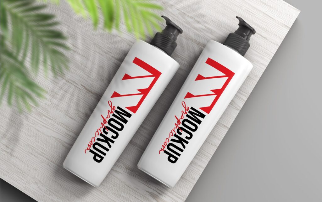 Two_ Shampoo_ Bottle_ Wooden_ Surface_ Mockup_ Design_www.mockupgraphic.com