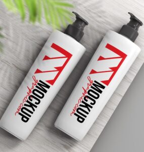Two_ Shampoo_ Bottle_ Wooden_ Surface_ Mockup_ Design_www.mockupgraphic.com